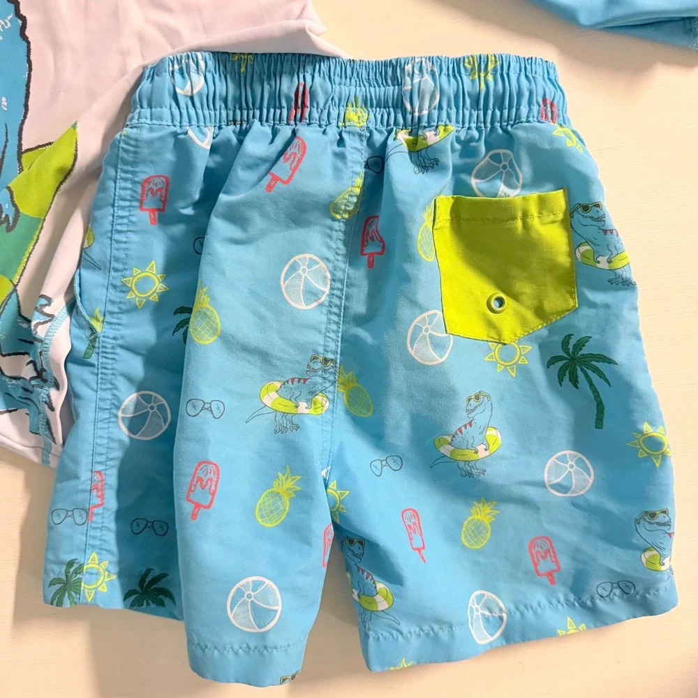 Andy & Evan Boys Blue Dinosaur Rash Guard and Swim Trunks Set Size 5Y